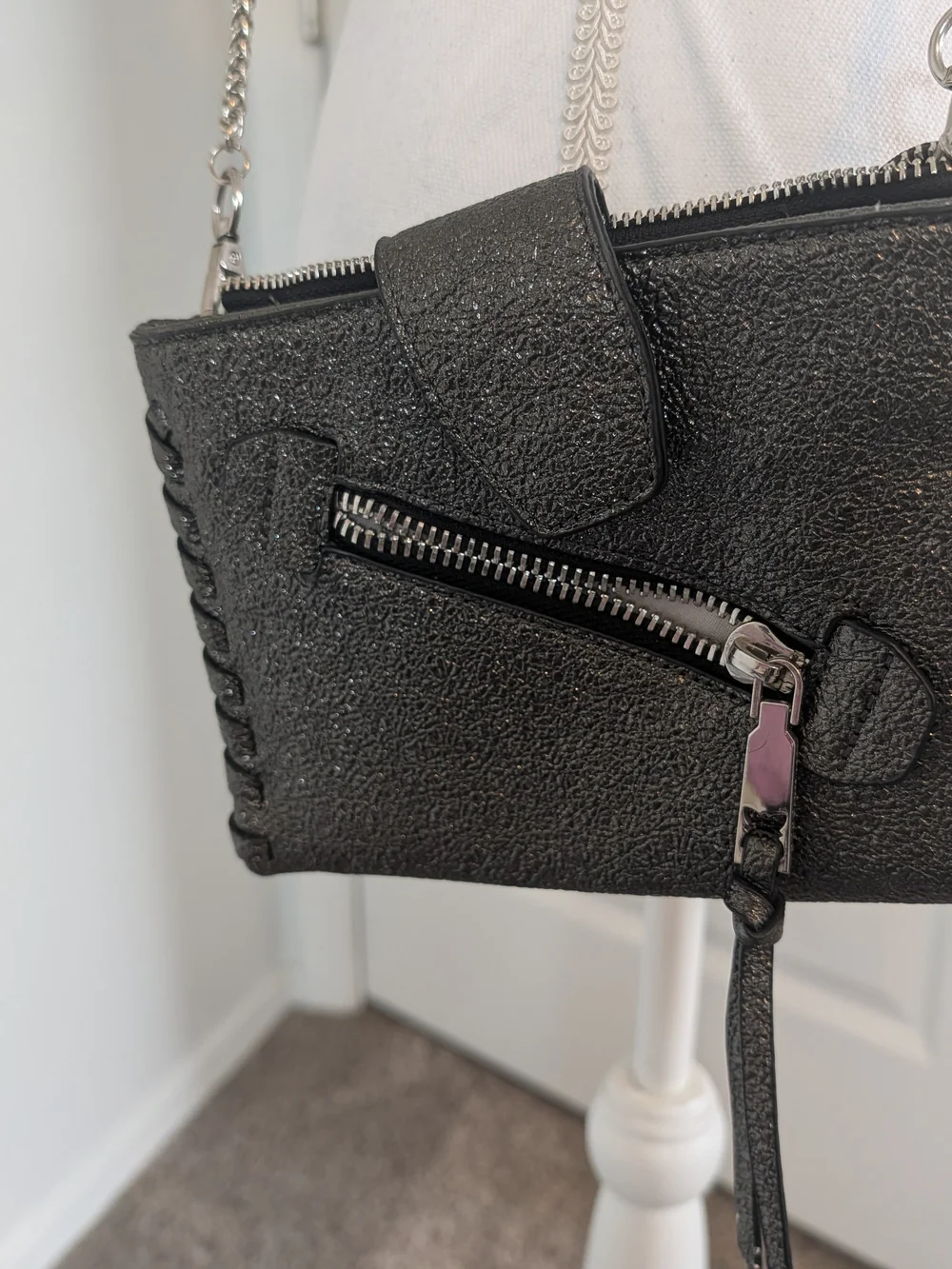 BCBGeneration Black Sparkly Textured Leather Crossbody Handbag